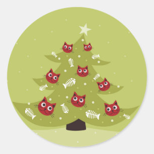 Sticker Rond Arbre de Noël de chat avec des ornements de