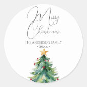 Sticker Rond Arbre de Noël en aquarelle simple Joyeux Noël (Devant)