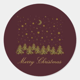Sticker Rond Arbre de Noël en or brillant, lune, étoiles sur ro