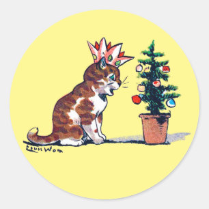 Sticker Rond Arbre de Noël et chaton, Louis Wain