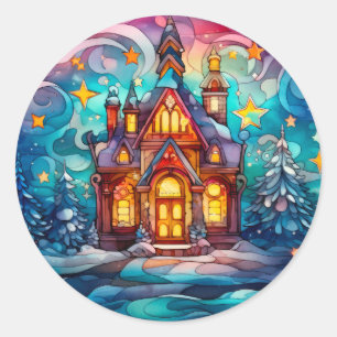 Sticker Rond Arbre de Noël et maison en verre coloré