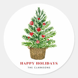 Sticker Rond Arbre de Noël festif sur panier en osier Vacances