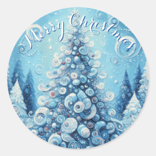 Sticker Rond Arbre de Noël impressionniste Whimsical Bleu