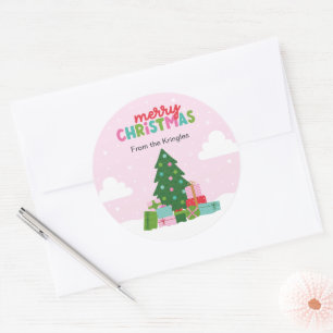 Sticker Rond Arbre de Noël joyeux avec des cadeaux en rose past