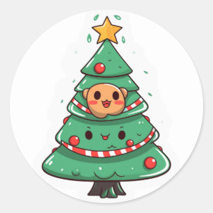 Sticker Rond Arbre de Noël Kawaii