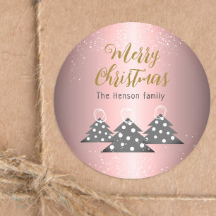 Sticker Rond Arbre de Noël Métallo Rose Famille Vacances