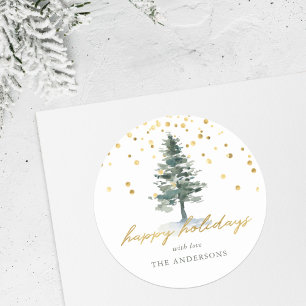 Sticker Rond Arbre de Noël Moderne en écriture dorée Joyeuses F