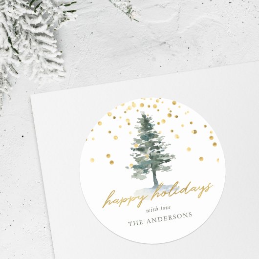 Sticker Rond Arbre de Noël Moderne en écriture dorée Joyeuses F