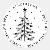 Sticker Rond Arbre de Noël noir et blanc Adresse de retour (Devant)