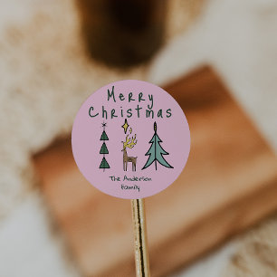 Sticker Rond Arbre de Noël Renne Abstrait Rose Peint à la Main