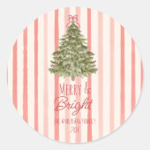 Sticker Rond Arbre de Noël Retro Merry & Bright Red Stripes (Devant)
