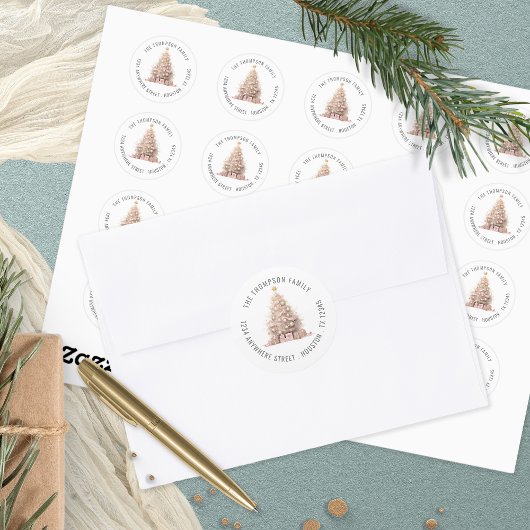 Sticker Rond Arbre de Noël rose pâle Nom de l'adresse