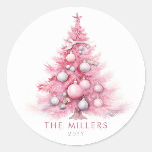 Sticker Rond Arbre de Noël Rose Vintage Aquarelle Moderne