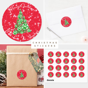 Sticker Rond Arbre de Noël Rouge Paw Animal Vert