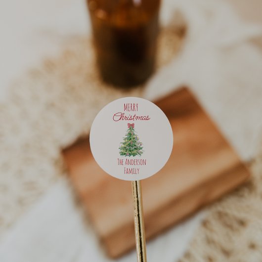 Sticker Rond Arbre de Noël rouge vert rétro