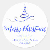 Sticker Rond Arbre de Noël Ruban Bleu Argent Script Joyeux Noël (Devant)