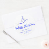 Sticker Rond Arbre de Noël Ruban Bleu Argent Script Joyeux Noël (Enveloppe)