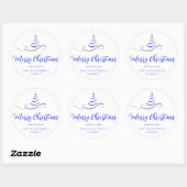 Sticker Rond Arbre de Noël Ruban Bleu Argent Script Joyeux Noël (Feuille)