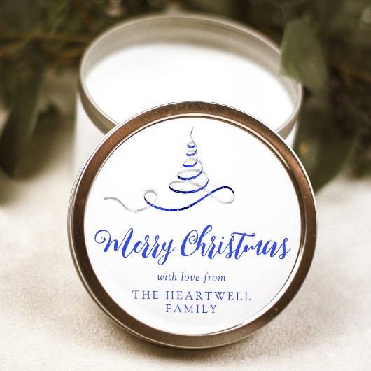 Sticker Rond Arbre de Noël Ruban Bleu Argent Script Joyeux Noël