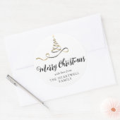 Sticker Rond Arbre de Noël Ruban Or Noir Script Joyeux Noël (Enveloppe)