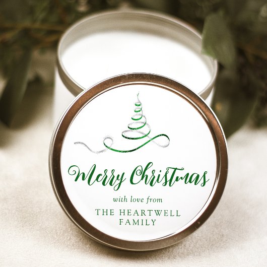 Sticker Rond Arbre de Noël Ruban Vert Argent Script Joyeux Noël