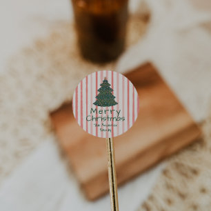 Sticker Rond Arbre de Noël vintage vert rose