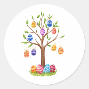 Sticker Rond Arbre de Pâques aquarelle avec œufs décorés suspen