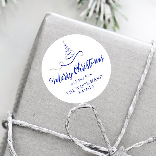 Sticker Rond Arbre de ruban bleu argent Joyeux Noël Script