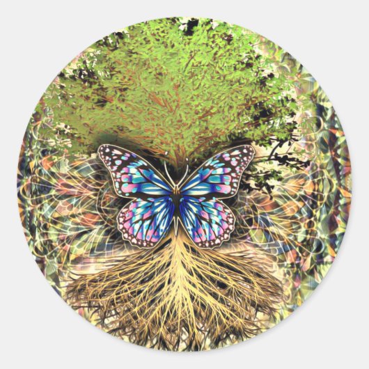Sticker Rond Arbre de vie avec l'or papillon (Devant)