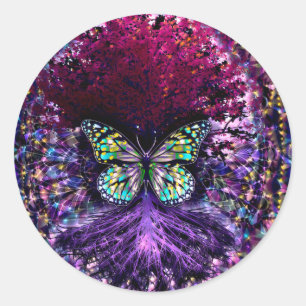 Sticker Rond Arbre de vie avec papillon pourpre