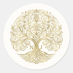 Sticker Rond Arbre de Vie Crème et Or Mariage Celtique