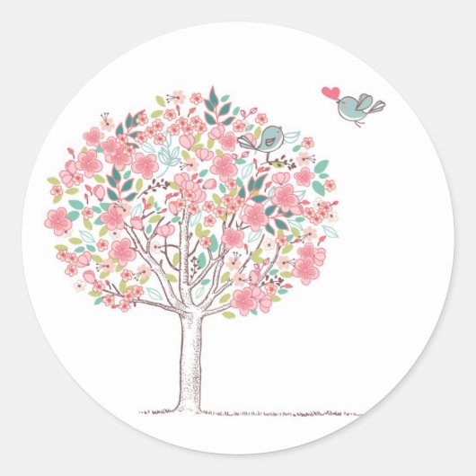 Sticker Rond Arbre en fleurs et oiseaux en amour (Devant)