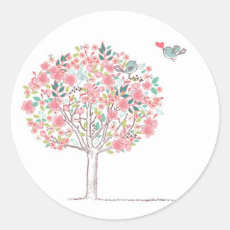 Sticker Rond Arbre en fleurs et oiseaux en amour