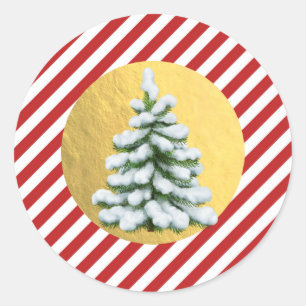 Sticker Rond Arbre enneigé Noël Rayures Rouges Feuille d'Or