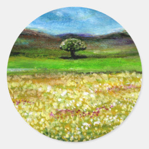 STICKER ROND ARBRE SOLITAIRE DANS LE CHAMP DE FLEURS JAUNES, TO