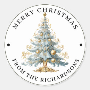 Sticker Rond Arbre victorien élaboré en bleu Joyeux Noël 