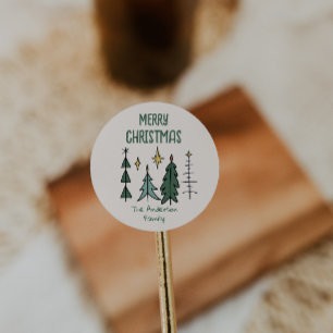 Sticker Rond Arbres de Noël Abstraits Peints à la Main Rustique