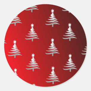 Sticker Rond Arbres de Noël en argent sur rouge
