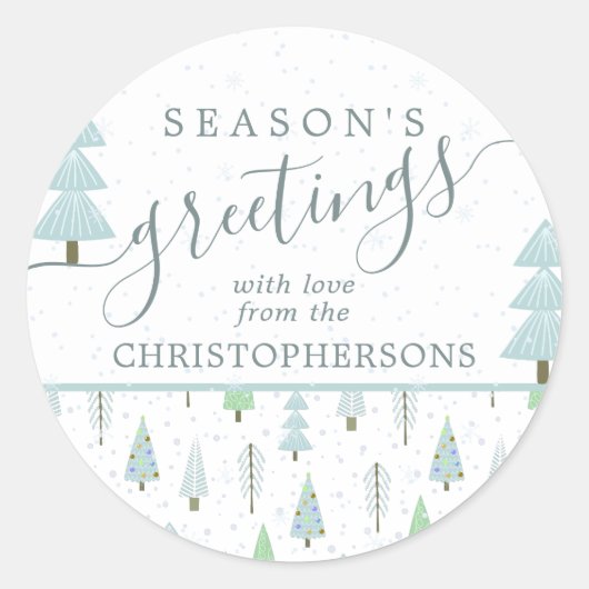 Sticker Rond Arbres de Noël modernes Bleu JOYEUSES FÊTES (Devant)