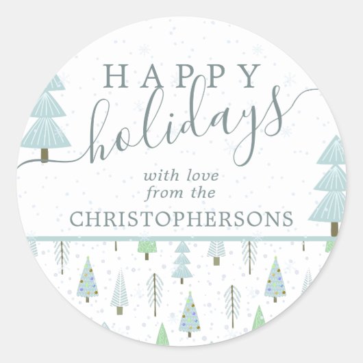 Sticker Rond Arbres de Noël modernes JEUX VACANCES Script Bleu (Devant)