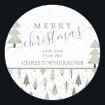 Sticker Rond Arbres de Noël modernes MERRY CHRISTMAS Script<br><div class="desc">Arbres de Noël abstraits modernes et arbres forestiers et motifs de neige d'hiver dans les tons vert olive et sauge avec l'accueil MERRY CHRISTMAS et personnalisée avec votre nom ou texte personnalisé. Contactez le concepteur via Zazzle Conversation ou makeitaboutyoustore@gmail.com si vous souhaitez modifier ce design, sur un autre produit ou...</div>