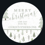 Sticker Rond Arbres de Noël modernes MERRY CHRISTMAS Script<br><div class="desc">Arbres de Noël abstraits modernes et arbres forestiers et motifs de neige d'hiver dans les tons vert olive et sauge avec l'accueil MERRY CHRISTMAS et personnalisée avec votre nom ou texte personnalisé. Contactez le concepteur via Zazzle Conversation ou makeitaboutyoustore@gmail.com si vous souhaitez modifier ce design, sur un autre produit ou...</div>