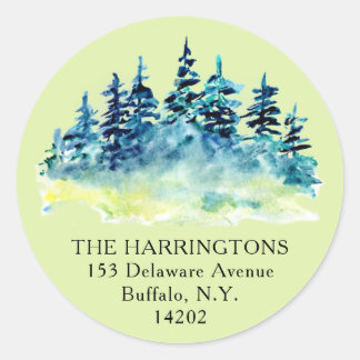 Sticker Rond Arbres de pin aquarelle verte Adresse de retour