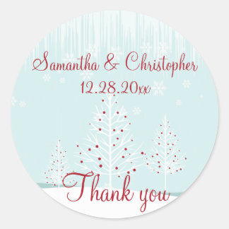 Sticker Rond Arbres d'hiver et flocons de neige Mariage Merci