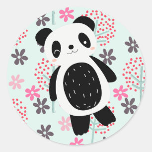 Sticker Rond Arbres, fleurs et ours de panda