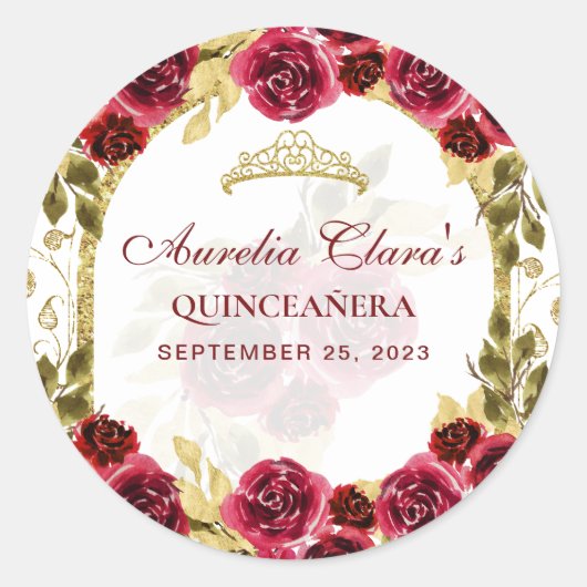 Sticker Rond Arc d'or princesse Florale Rouge Quinceanera (Devant)