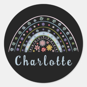Sticker Rond Arc-en-ciel floral Boho avec nom personnalisé