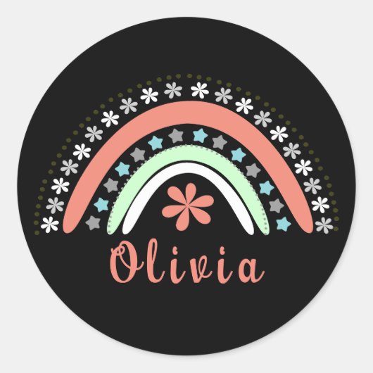 Sticker Rond Arc-en-ciel Floral Boho Avec Nom Personnalisé (Devant)