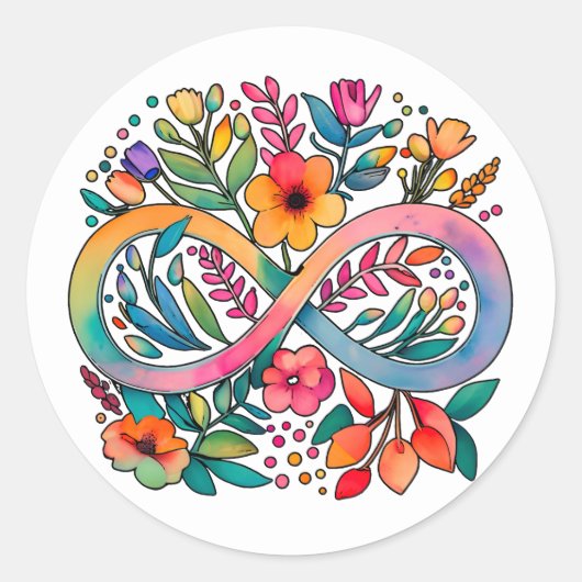 Sticker Rond Arc-en-ciel Infinité Aquarelle Fleurs Autisme (Devant)