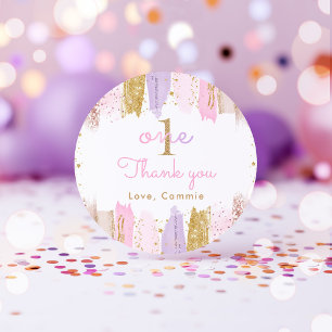 Sticker Rond Arc-en-ciel rose et or 1er anniversaire Faveurs